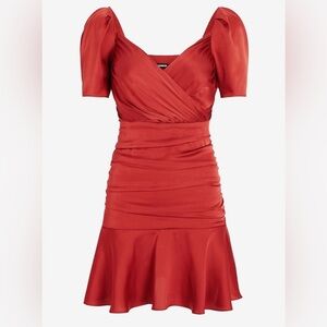 NWT Express Satin Ruched Mini Dress in Rust/Burnt Orange with Ruffle Hem